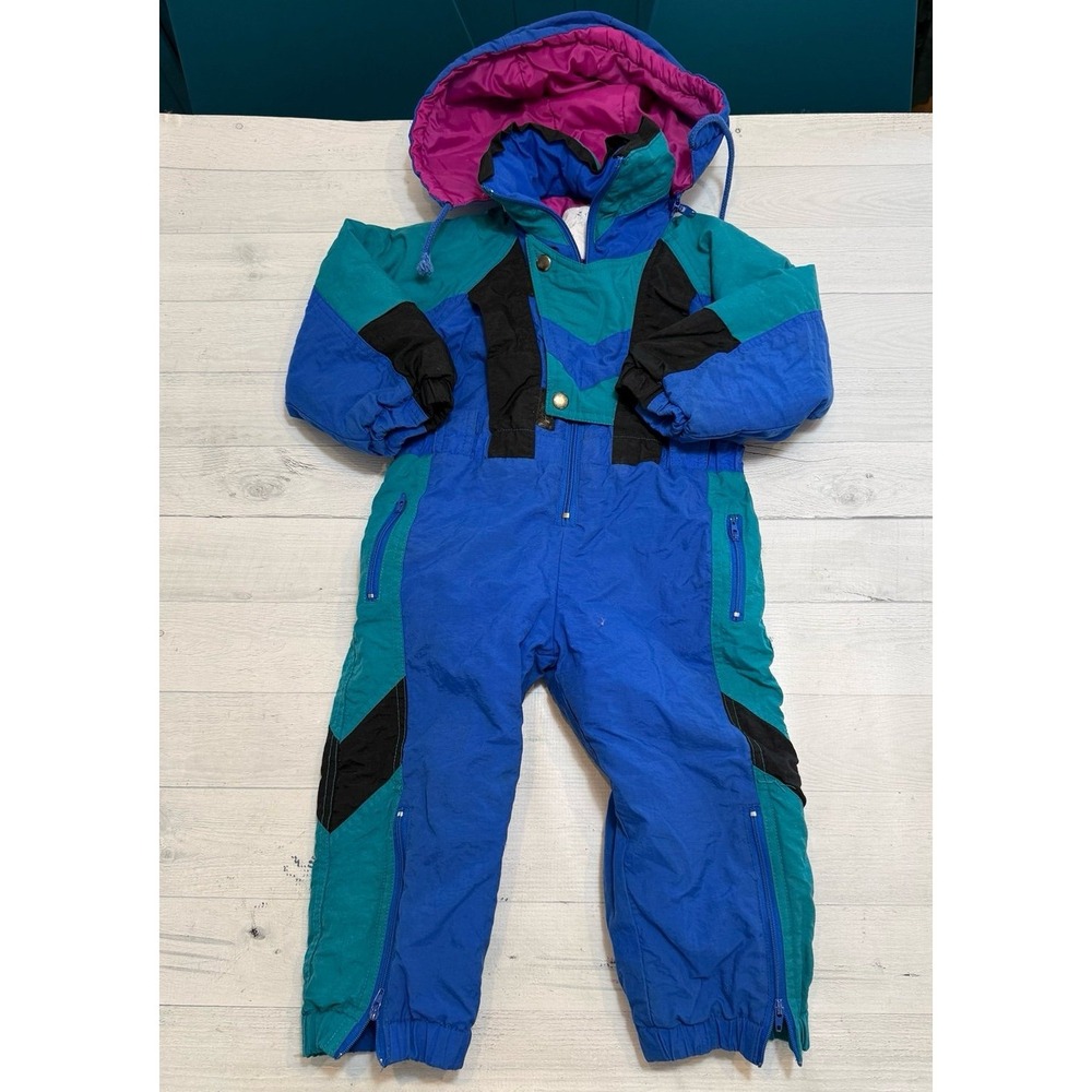 Vintage 90s Girls one piece snowsuit winter ski blue teal pink size 3T